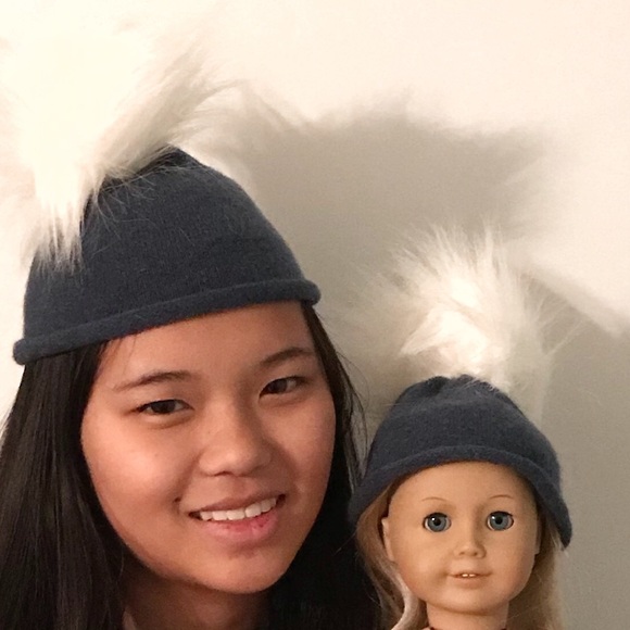 Cashmere Fur Pom Pom Hats Matching Set Girl & Doll - Picture 2 of 3